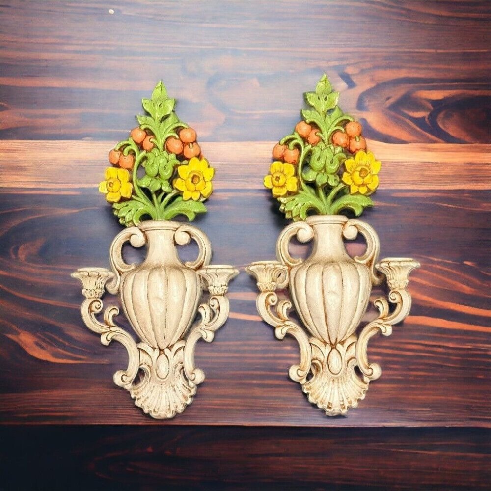 Homco Double Candle Wall Sconce Urn Flower  Set of 2 VINTAGE 1965